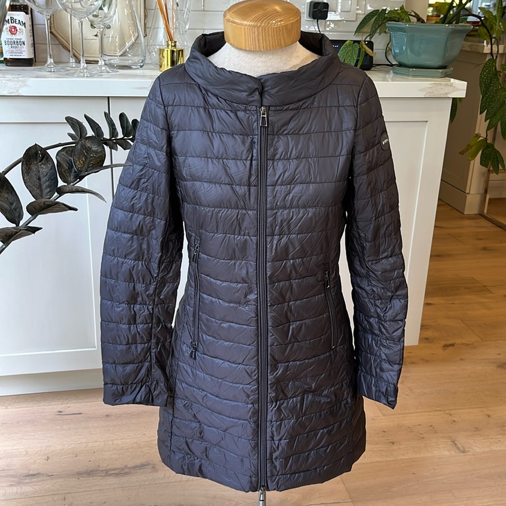 EUC Italian designer Duno light weight full length pewter colour down puffer